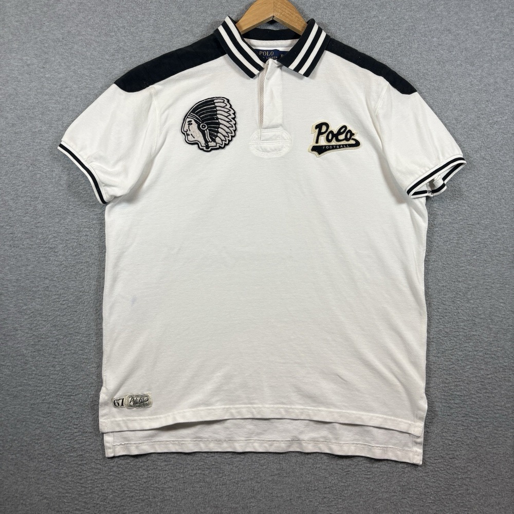 Polo Ralph Lauren Indian Head Football Polo Shirt Mens XL White Rugby Patch